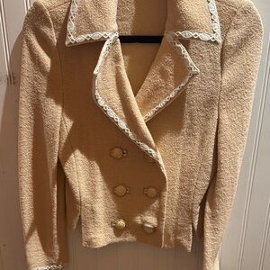 St. John Beige Double-Breasted Blazer with White Trim